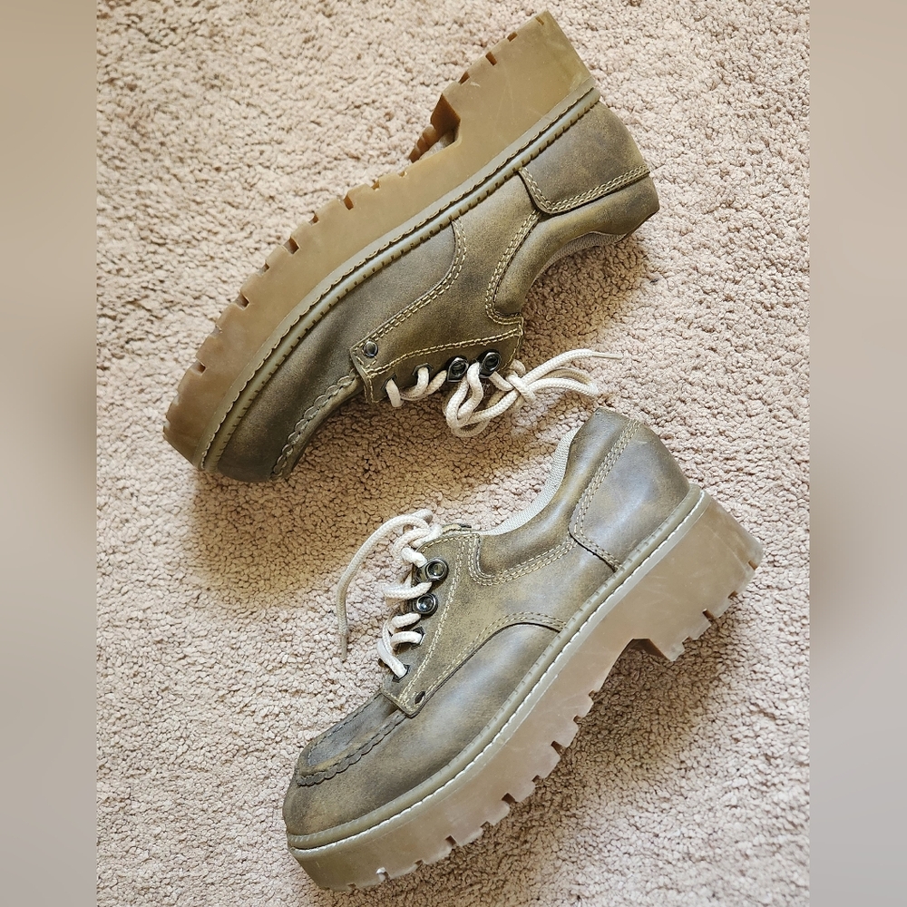vtg chunky lug sole platform lace up moc toe shoe 9M cosplay y2k 90s brown